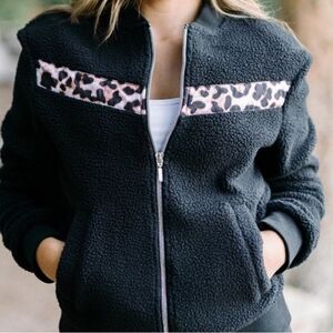 Zyia Active Black Sherpa Jacket with Leopard Print Accent Women's Med